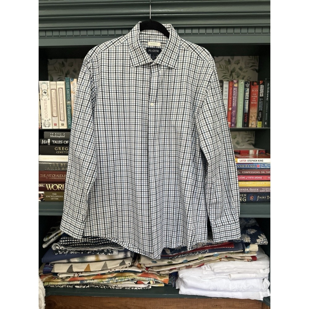 Jos. A. Bank Tailored Fit Dress Shirt L Cotton Blue Black Plaid Long Sleeve